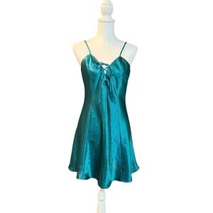 Frederick's of Hollywood Teal Blue Satin Lace Up Chemise Dress Size Medium